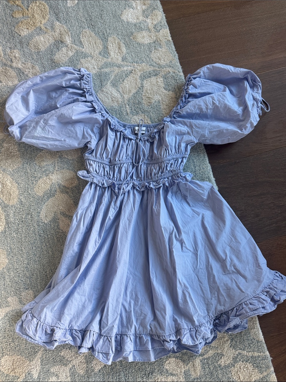 En Saison Danielle Poplin Light Blue Puff-Sleeve Smocked Waist Mini Dress